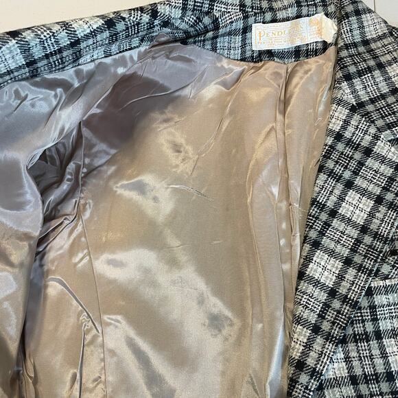 Pendleton Vintage 80s Black Gray Plaid Virgin Wool Classic Retro Jkt Blazer 12 - Picture 11 of 14